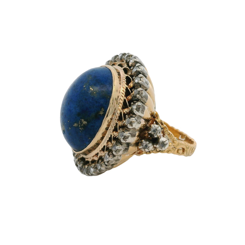 18kt Yellow Gold and 925 Sterling Silver Large Cabochon Lapis Lazuli and Diamond Cocktail Statement Ring Size 7.5