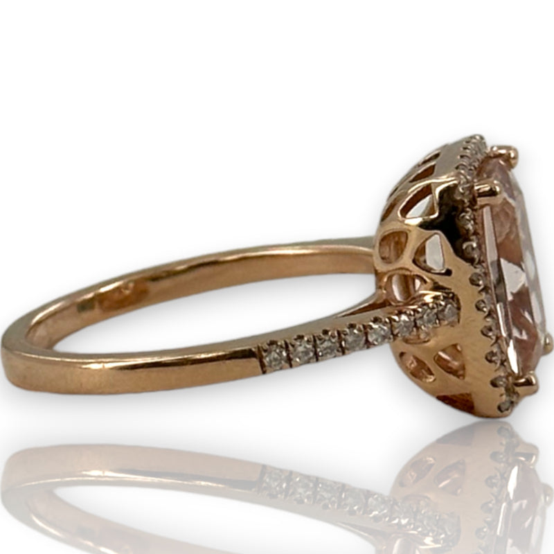 QCD Quality Color Design 14kt Solid Rose Gold Ring with Morganite and Accent Diamond Wedding Engagement Halo Size 7