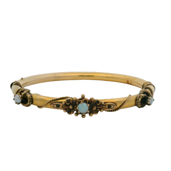 Antique Late Victorian Art Nouveau 14kt Yellow Gold and Cabochon Opal Rope Bangle Bracelet 6.5"