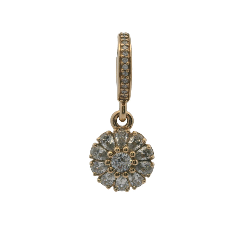Retired Pandora Solid 14kt Yellow Gold and CZ Embellished Floral Drop Dangle Charm