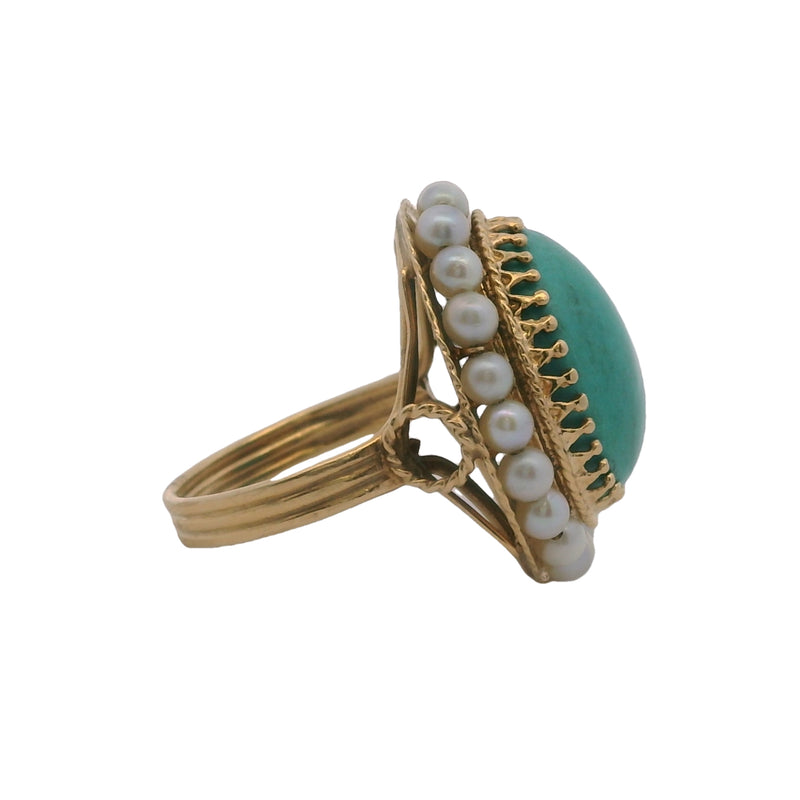 Vintage Handmade 14kt Yellow Gold Turquoise Cabochon and Pearl Cocktail Ring Size 6