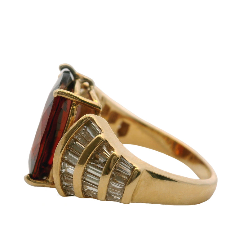 Vintage 1970-80s 14kt Yellow Gold Cocktail Ring with Large Madeira Citrine and Baguette Diamonds Size 7.5