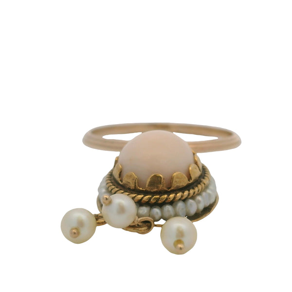 Vintage Mid Century 14kt Yellow Gold Coral and Seed Pearl Charm Ring Pendant