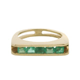 Vintage 1960-80s Solid 18kt Yellow Gold and Tension Set Emerald Row Cocktail Ring Size 7.5