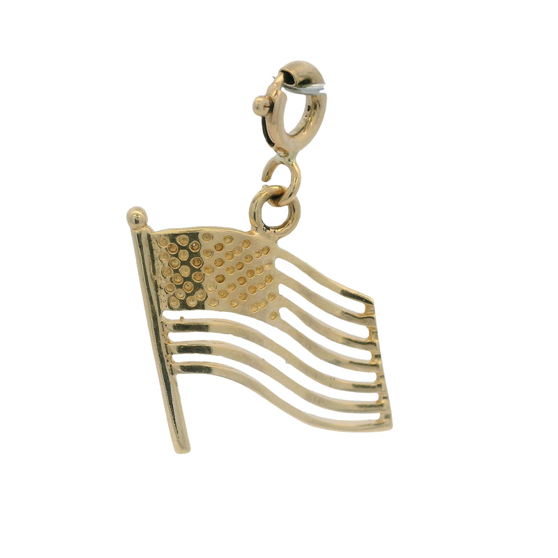 Vintage Solid 14kt Yellow Gold American Flag Dangle Charm Pendant With Spring Ring