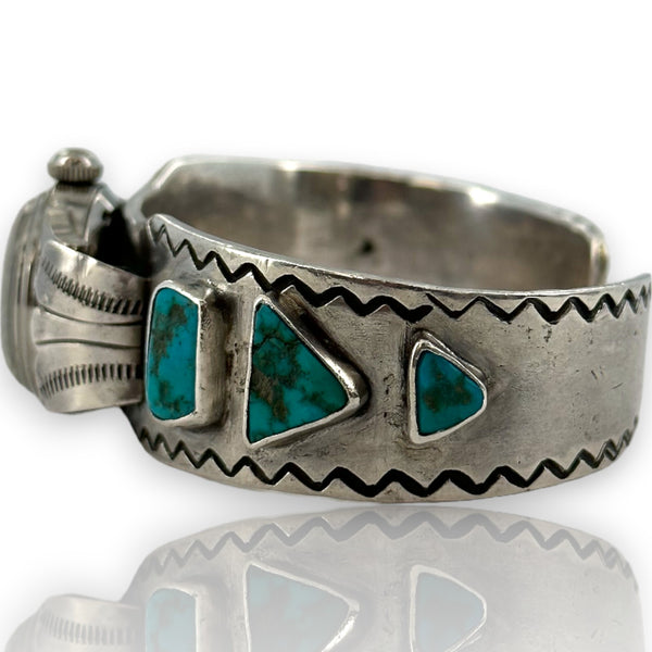 Native American 925 Sterling Silver and Natural Turquoise Blancpain Watch Cuff