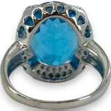 QCD Large Oval Blue Topaz & Diamond Halo Accent 14K 585 White Gold Ring Size 9