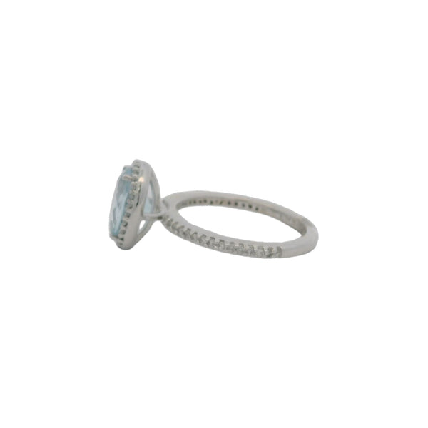 EFFY 14kt White Gold Aquamarine Oval Solitaire with Diamond Halo and Sides Size 7