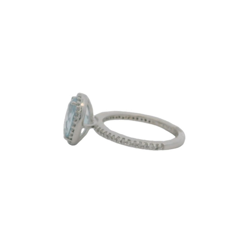 EFFY 14kt White Gold Aquamarine Oval Solitaire with Diamond Halo and Sides Size 7