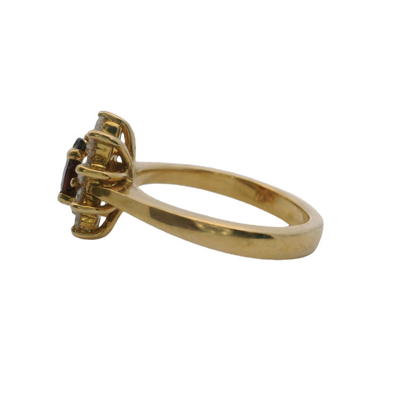 Solid 18kt Yellow Gold Natural Red Ruby Solitaire Ring with White Diamond Halo Size 5