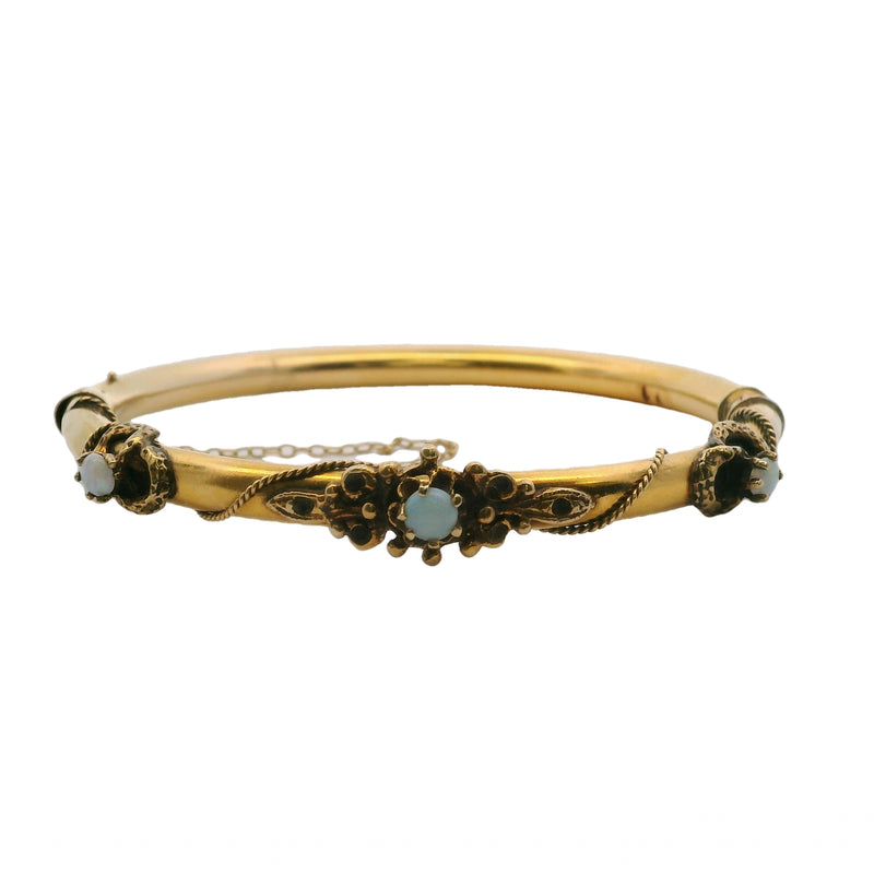 Antique Late Victorian Art Nouveau 14kt Yellow Gold and Cabochon Opal Rope Bangle Bracelet 6.5"