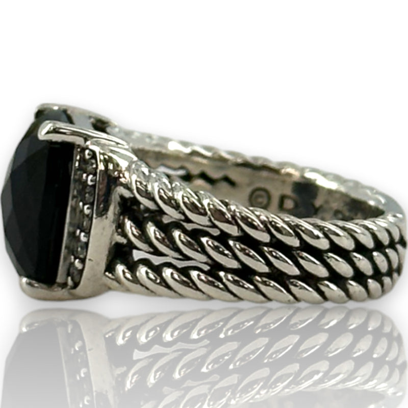 David Yurman 925 Sterling Silver Petite Wheaton Ring with Black Onyx and Diamonds