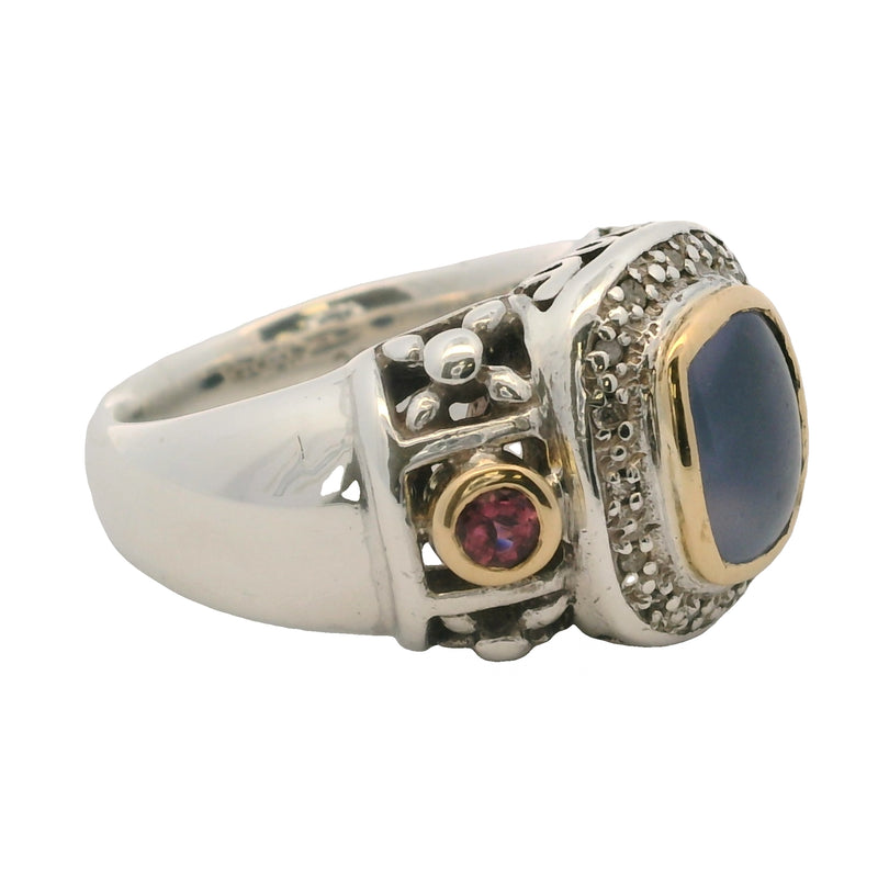 Anillo de cóctel de plata de ley 925 y oro amarillo de 18 kt con halo de calcedonia, rubí y diamantes, talla 8