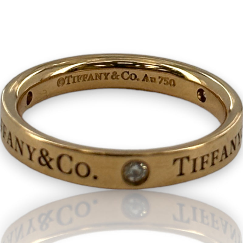 Tiffany & Co 18kt Rose Gold Band Ring with Tiffany Logo and 3 Round Brilliant Diamonds Size 5.5