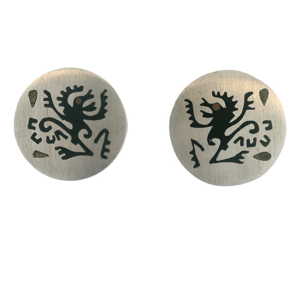 Taxco 925 Sterling Silver Aztec Dancing Monkey Screw-Back Unpierced Earrings with Black Enamel Inlay Signed HAB Converted From Cufflinks