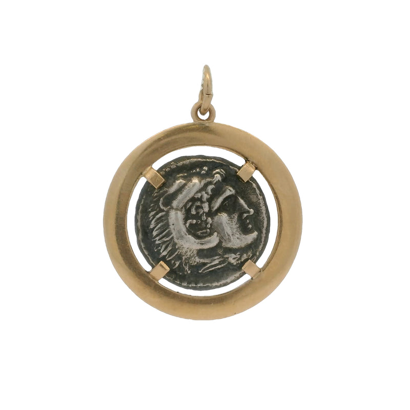 Vintage Alexander The Great Replica Greek Coin In 18kt Yellow Gold Frame 24mm Pendant
