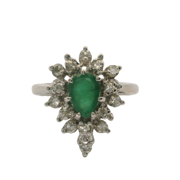 14kt White Gold and Pear Cut Emerald Ring with Cluster Diamond Halo Size 6.25