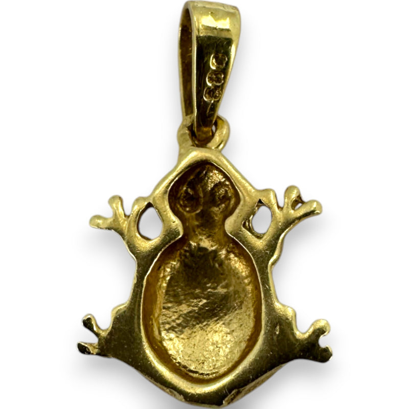 Colgante de rana con esmalte verde y circonita cúbica de 585 circonitas en oro amarillo de 14 kt.