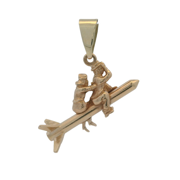 Vintage 1950-60s Solid 14kt Yellow Gold Couple Riding Missile Rocket Charm Pendant