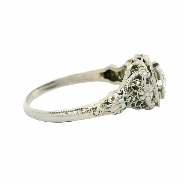 Antique 1910-20s Solid 18kt White Gold and Transitional Cut Diamond Solitaire Filigree Ring with Small Floral Details Size 7