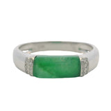 Solid 18kt White Gold Jade Inlay Bar Ring with Accent Diamonds Size 6.5