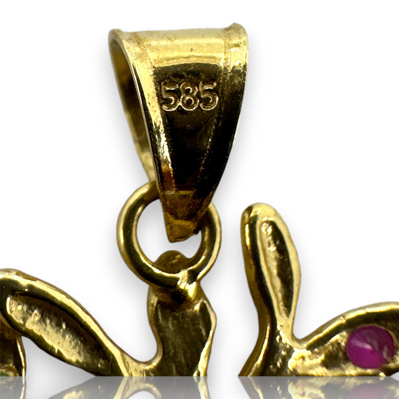 Solid 14kt Yellow Gold Family Tree/Tree of Life Necklace Pendant with One Lab Ruby and 2 Lab Emeralds