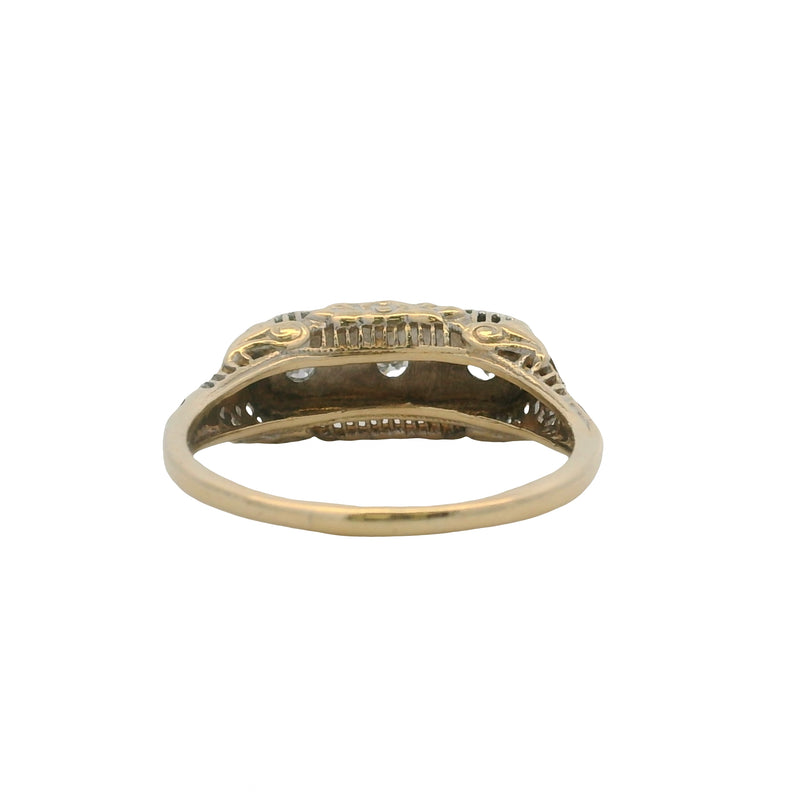 Antique 1920s Deco 14k White and Yellow Gold Filigree 3-Stone Diamond Ring Size 8