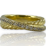 David Yurman Signed Solid Heavy 18kt Yellow Gold 750 Twist Band Crossover Ring with Diamonds Size 6.75