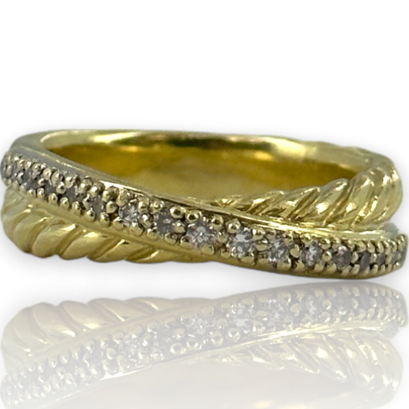 David Yurman Signed Solid Heavy 18kt Yellow Gold 750 Twist Band Crossover Ring with Diamonds Size 6.75