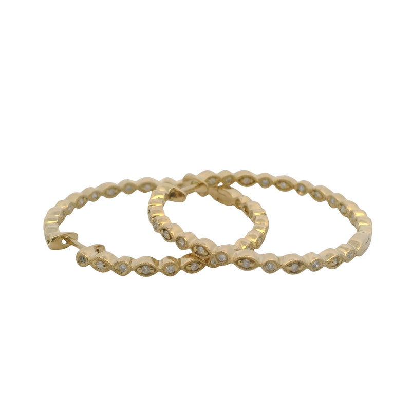 Solid 14kt Yellow Gold and Diamond Inside and Out 1.3" 38mm Long Hoops
