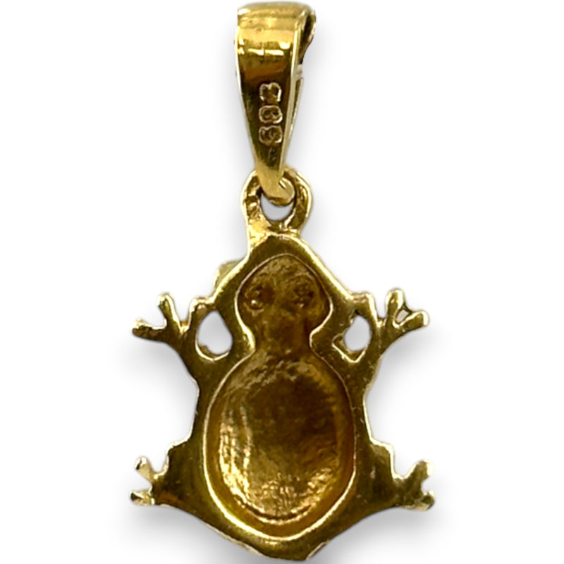 Colgante de rana con esmalte verde y circonita cúbica de 585 circonitas en oro amarillo de 14 kt.