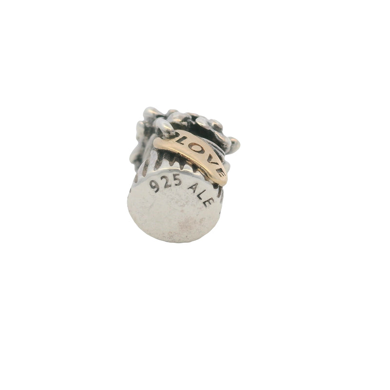 Pandora Retired 925 Sterling Silver and 14kt Yellow Gold Love Flower Bouquet Slider Charm