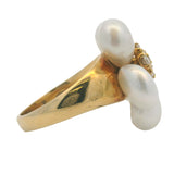 Solid 18kt Yellow Gold Freshwater Pearl and Diamond Cluster Flower Cocktail Ring Size 8.5