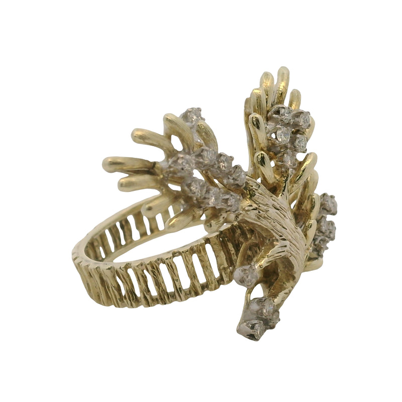 Vintage 1970-80s 14kt Yellow Gold and Diamond Branch Tree Statement Cluster Ring Size 7