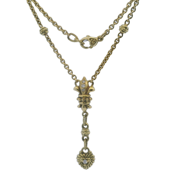 Solid 18kt Yellow Gold and Diamond Fleur-de-lis Heart Drop Pendant 15" Knots Necklace