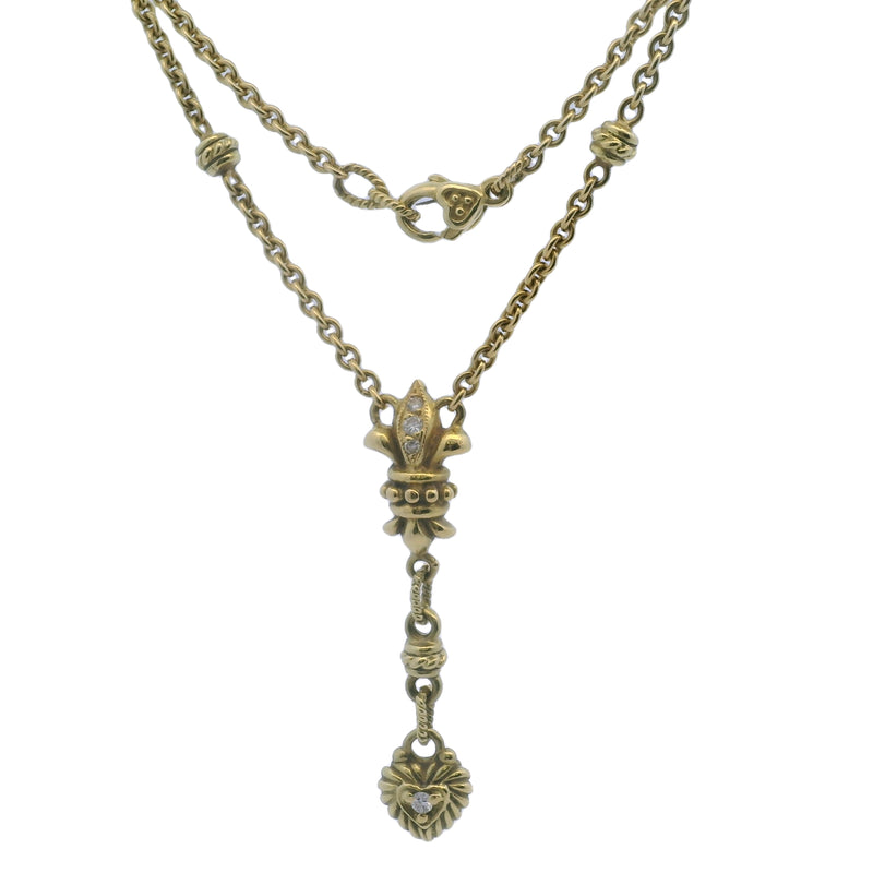 Solid 18kt Yellow Gold and Diamond Fleur-de-lis Heart Drop Pendant 15" Knots Necklace