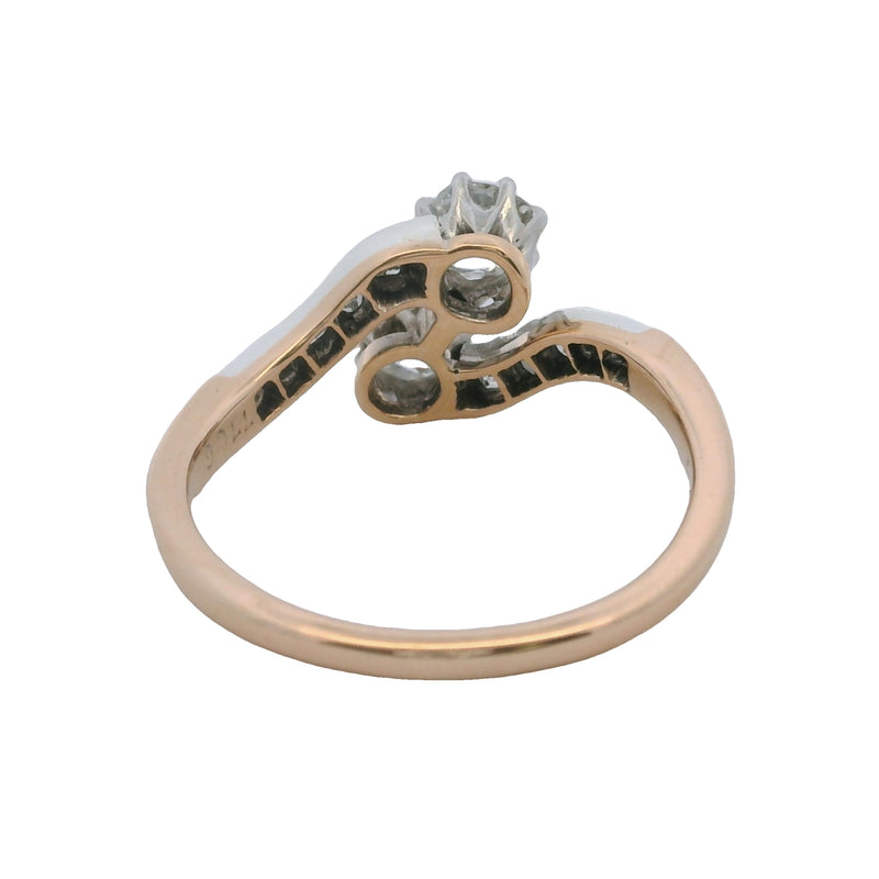 Victorian Late-1800s Old Euro and Old Mine Cut Diamond Bypass Ring in 14kt Gold Size 6.25