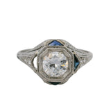 Antique 1920s Platinum 0.86ctw Old Euro Diamond Sapphire Solitaire Ring Sz 7.25