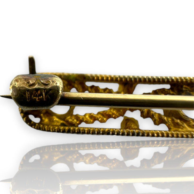 Krementz Signed Antique 1900-1930s 14kt Yellow Gold Sapphire and Seed Pearl Bar Pin