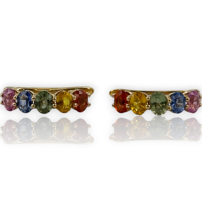 LALI Jewels 14kt Yellow Gold Snap Closure Huggie Earrings with Rainbow of Multi-Colored Sapphires