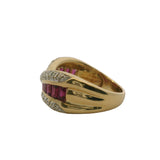 Solid 18kt Yellow Gold, Ruby, and Diamond Crossover Twist Cocktail Band Ring Size 7