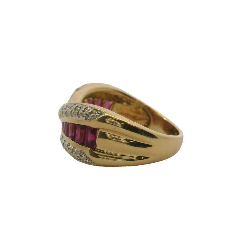 Solid 18kt Yellow Gold, Ruby, and Diamond Crossover Twist Cocktail Band Ring Size 7