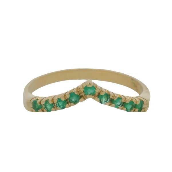 Solid 14kt Yellow Gold and Lab Emerald Chevron Crown Accent Ring Size 7.5