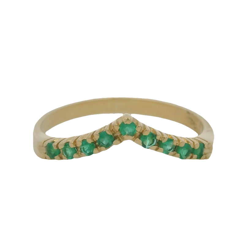Anillo de oro amarillo macizo de 14 kt con corona de chevron y esmeralda de laboratorio, talla 7.5