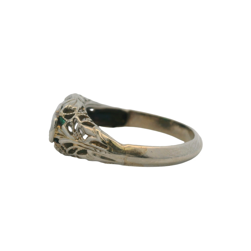 Antique 1920s Solid 14kt White Gold, Diamond, and Glass Emerald 3-Stone Ring Size 2.5