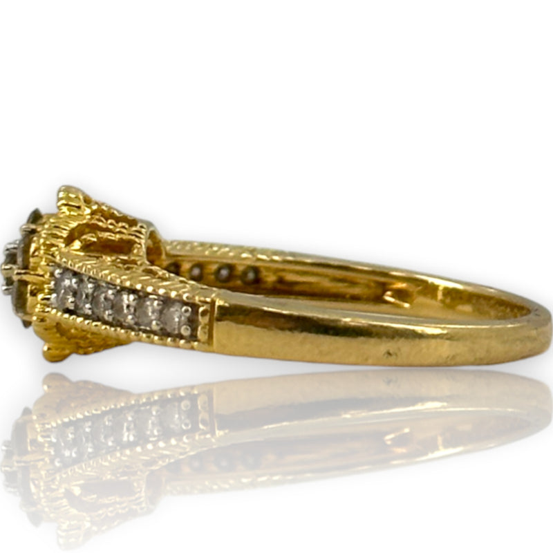 VJS Jewelry Solid 18kt Bright Yellow Gold Filigree Diamond Cluster Flower Ring with Diamond Sides Size 7