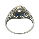 Antique Early 1920s Solid 14kt White Gold Old Euro Diamond and Sapphire Filigree Deco Ring Size 6