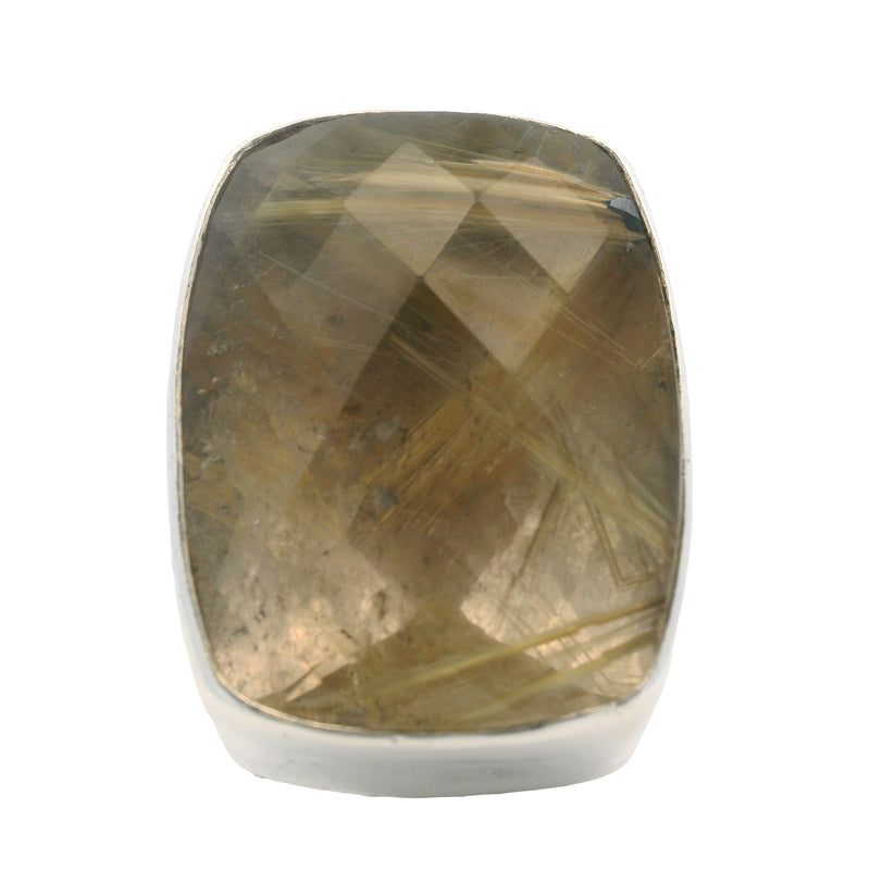 Charles Albert 925 Sterling Silver Large Check-Cut Rutilated Quartz Statement Ring Size 7