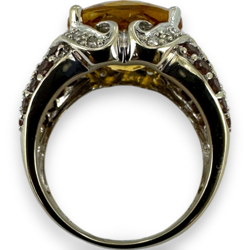 14kt Solid White Gold Cocktail Ring with Large Citrine, Diamonds, and Tourmaline Sides Size 6
