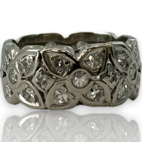 Antique Handmade 1920s Art Deco Solid 900 Platinum Bezel Set Single Cut Diamond Floral Eternity 8.3mm Band Size 5 Ring